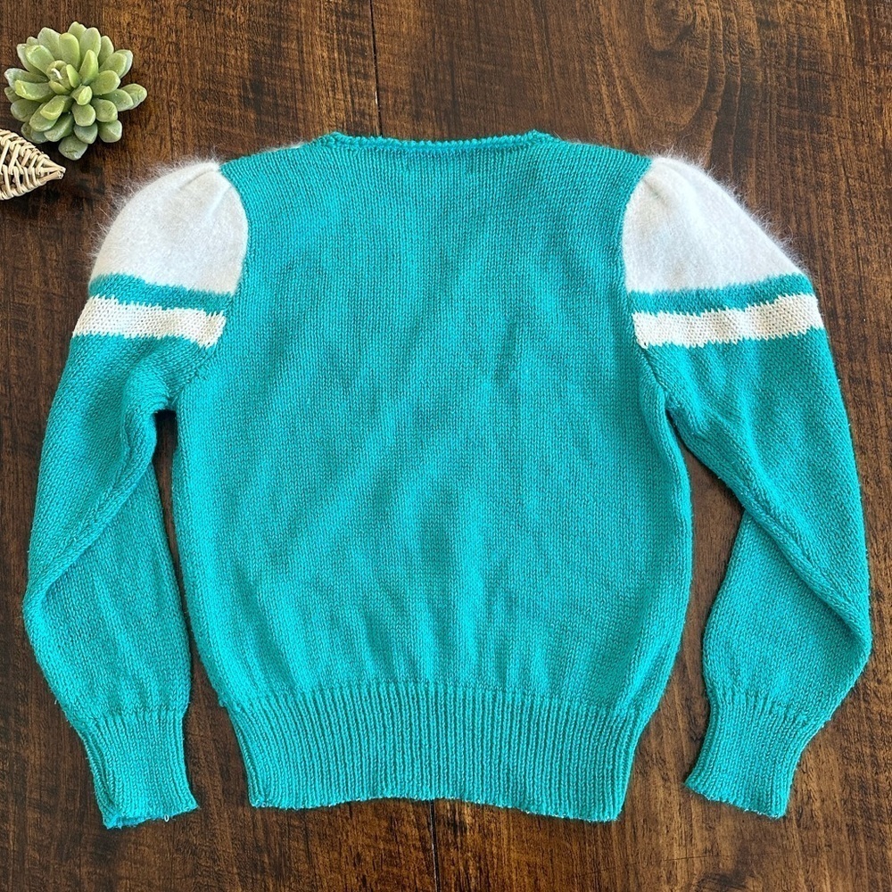 Lauren Cole | 80s Teal & White Angora Embellished Sweater - Picture 2 of 8